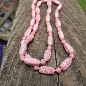 EUC Vintage Pink Carved Beaded Necklace